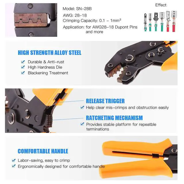 Alt view image 3 of 6 - 486Pcs Wire Crimper Plier with Connector Set, SN-28B Ratchet Crimping Tool with 485Pcs 2.54mm 1 2 3 4 5 6 7 Pin Housing Connector Male Female Pin Header Compatible with AWG28-18 Dupont Pins