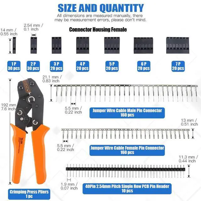 Alt view image 2 of 6 - 486Pcs Wire Crimper Plier with Connector Set, SN-28B Ratchet Crimping Tool with 485Pcs 2.54mm 1 2 3 4 5 6 7 Pin Housing Connector Male Female Pin Header Compatible with AWG28-18 Dupont Pins