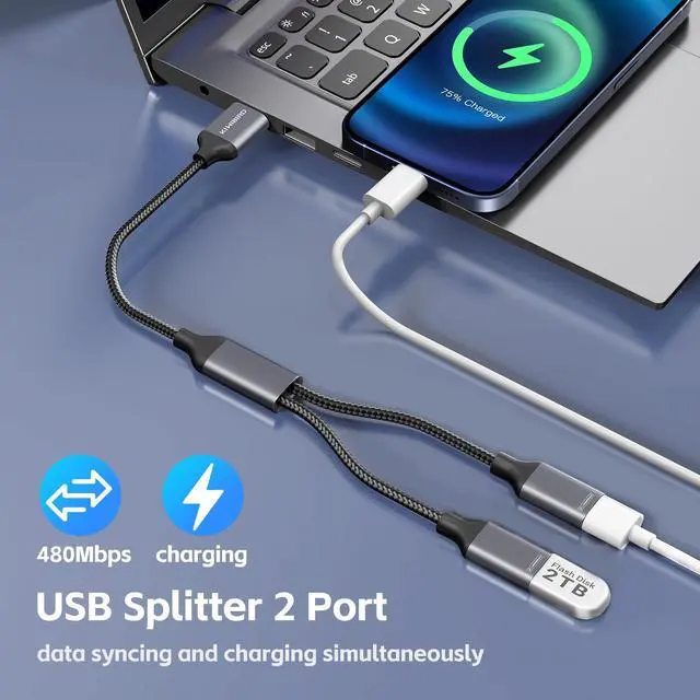 Alt view image 3 of 7 - USB Splitter 1 in 2 Out, USB A Splitter, Y Cable Dual Double Port Power Adapter for Charging and Data (2 Pack) for Laptop PC TV Desktop Computer Mac PS5 PS4 Xbox Keyboard Mouse