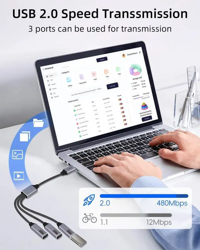 Alt view image 2 of 7 - USB C Splitter Cable 3 Port 1 Male to 3 Female,1 in 3 Out USB C Extender Hub Data & Power Charging USB 2.0 Extension Cable for Car,Laptop,Keyboard,Mouse(25CM)