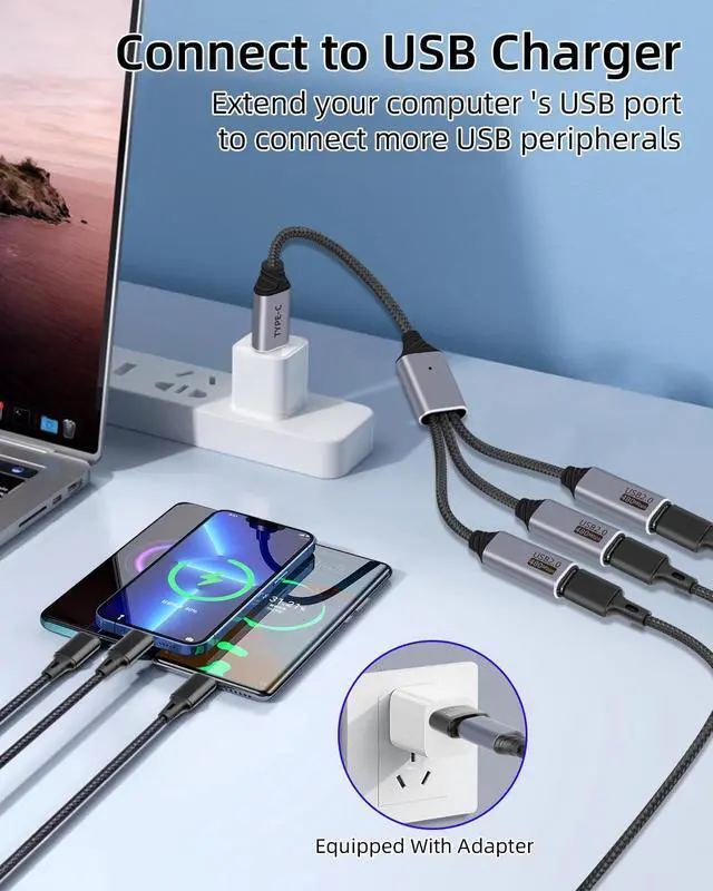 Alt view image 4 of 7 - USB C Splitter Cable 3 Port 1 Male to 3 Female,1 in 3 Out USB C Extender Hub Data & Power Charging USB 2.0 Extension Cable for Car,Laptop,Keyboard,Mouse(25CM)
