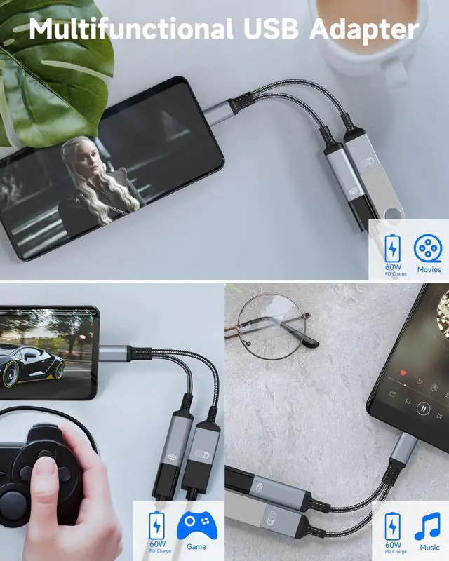 Alt view image 3 of 7 - 2-in-1 USB C OTG Adapter and Charger, Type C OTG Charging Adapter with 60W PD Fast Charging, USB C Splitter OTG Cable Compatible with iPad, iPhone 15 16 17, Samsung, Pixel, Chromecast