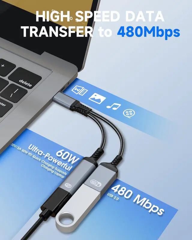 Alt view image 2 of 7 - 2-in-1 USB C OTG Adapter and Charger, Type C OTG Charging Adapter with 60W PD Fast Charging, USB C Splitter OTG Cable Compatible with iPad, iPhone 15 16 17, Samsung, Pixel, Chromecast