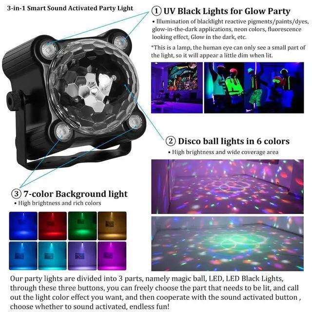 Alt view image 3 of 6 - Disco Ball Party Lights Sound Activated Strobe DJ Stage Lighting for Indoor Room Outdoor Dance Floor Parties Birthday Rave Home Karaoke Halloween Christmas Wedding Show Bar Club Decorations