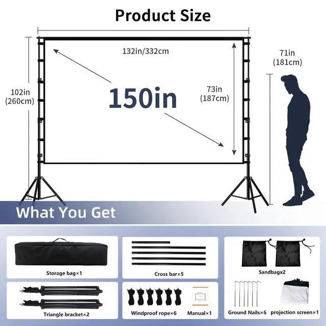 Alt view image 2 of 6 - Projector Screen with Stand, 150 inch Portable and Foldable Projection Screen 4K HD 16:9 Rear Front Wrinkle-Free Movie Screen with Carry Bag for Indoor Outdoor Home Theater Backyard Cinema