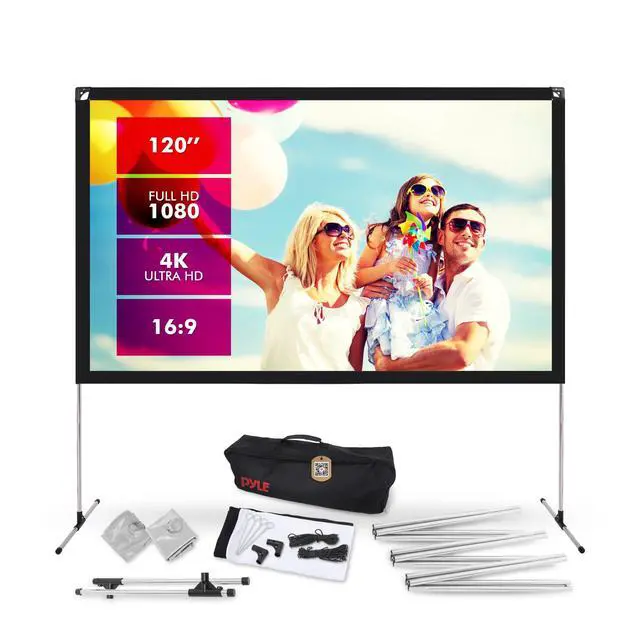 Main image of 120'' Portable Projector Screen with Stand, Wind-Resistant Triangular Frame, HD 16:9 Matte White Display, Foldable, Wrinkle-Resistant, Washable, Storage Bag, Quick Setup for Home & Outdoor Cinema