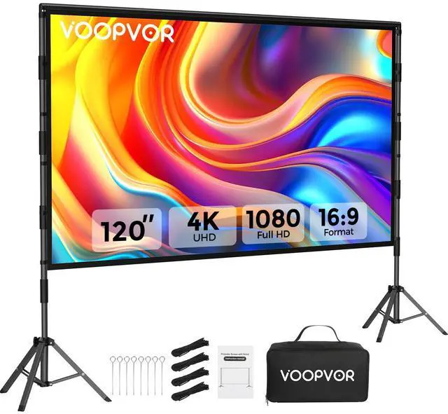 Main image of Outdoor Projector Screen with Stand: 120 inch Portable Projector Screen Indoor - Upgraded Movie Screen 16:9 4K HD - Wrinkle-Free Lightweight Projection Screen with Carry Bag for Backyard Night