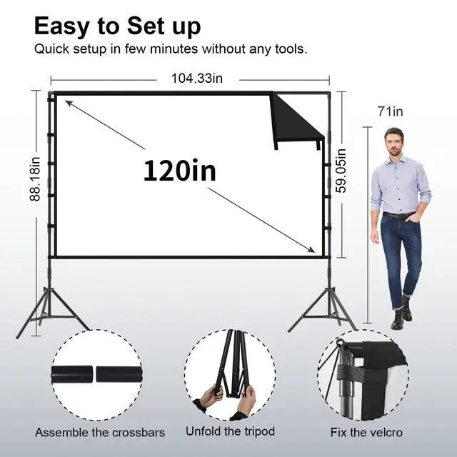 Alt view image 3 of 6 - Outdoor Projector Screen with Stand, 120 inch Portable Projector Screen Black Backing, Indoor Projection Screen 16:9 4K HD Wrinkle-Free Movie Screen with Carry Bag for Backyard Movie Night