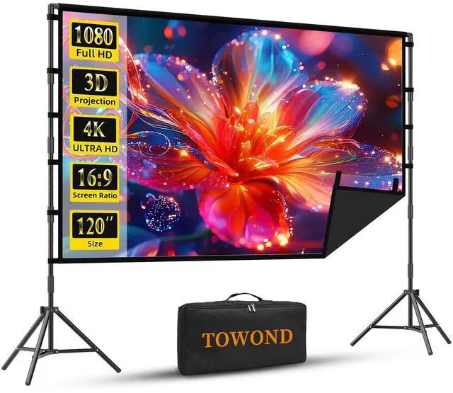 Main image of Outdoor Projector Screen with Stand, 120 inch Portable Projector Screen Black Backing, Indoor Projection Screen 16:9 4K HD Wrinkle-Free Movie Screen with Carry Bag for Backyard Movie Night