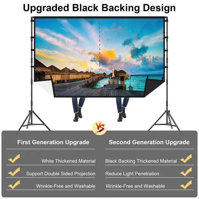 Alt view image 4 of 6 - Outdoor Projector Screen with Stand, 120 inch Portable Projector Screen Black Backing, Indoor Projection Screen 16:9 4K HD Wrinkle-Free Movie Screen with Carry Bag for Backyard Movie Night