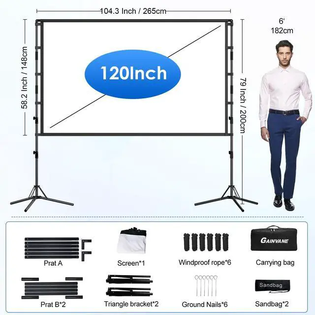 Alt view image 7 of 7 - Projector Screen and Stand,120 inch Portable Projector Screen Indoor Outdoor Projection Screen 16:9 4K HD Wrinkle-Free Light-Weight Movie Screen with Carry Bag for Backyard Movie Night