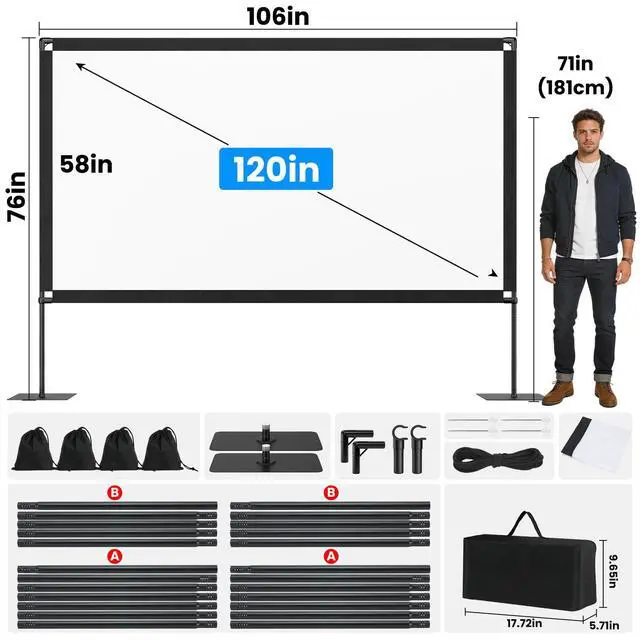 Alt view image 4 of 7 - 120inch Projector Screen with Stand: Portable Projector Screen Outdoor Indoor Front/Rear16:9 4K HD with Carry Bag, Sandbag - Lightweight Movie Screen for Backyard, Camping, Theater