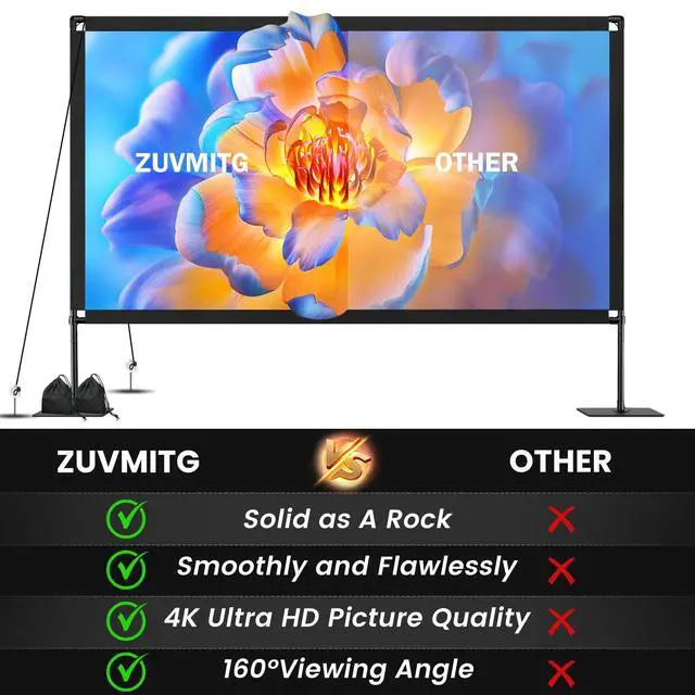 Alt view image 7 of 7 - 120inch Projector Screen with Stand: Portable Projector Screen Outdoor Indoor Front/Rear16:9 4K HD with Carry Bag, Sandbag - Lightweight Movie Screen for Backyard, Camping, Theater