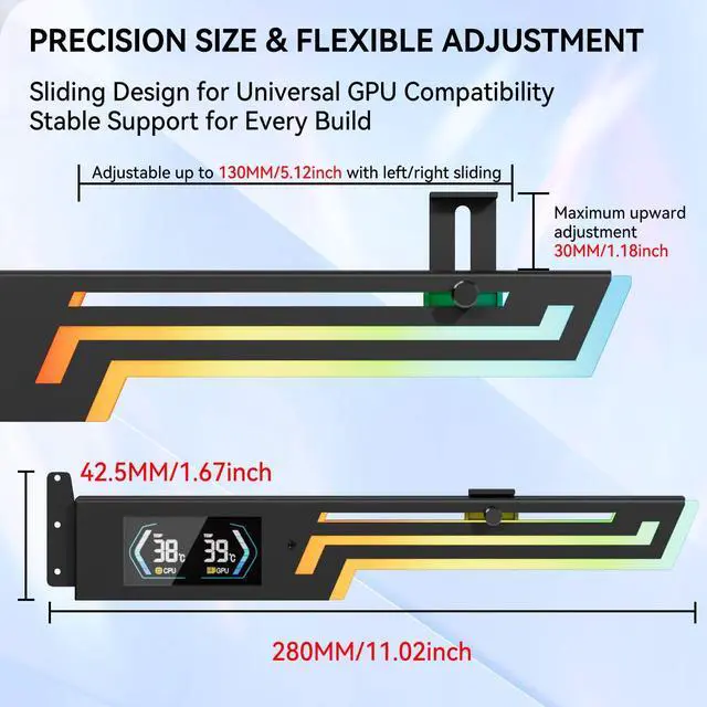 Alt view image 3 of 7 - ARGB GPU Support Bracket with CPU & GPU Temp Display, Universal Graphics Card Support, Multi Angle Adjustable GPU Sag Bracket for Video Cards, GPU Stand Built-in 5V3PIN Addressable RGB Strip