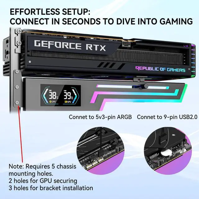 Alt view image 5 of 7 - ARGB GPU Support Bracket with CPU & GPU Temp Display, Universal Graphics Card Support, Multi Angle Adjustable GPU Sag Bracket for Video Cards, GPU Stand Built-in 5V3PIN Addressable RGB Strip