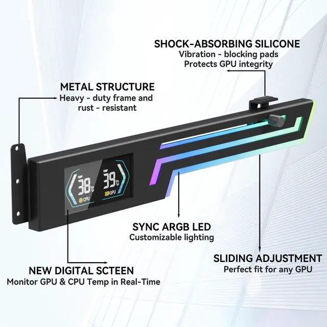Alt view image 6 of 7 - ARGB GPU Support Bracket with CPU & GPU Temp Display, Universal Graphics Card Support, Multi Angle Adjustable GPU Sag Bracket for Video Cards, GPU Stand Built-in 5V3PIN Addressable RGB Strip