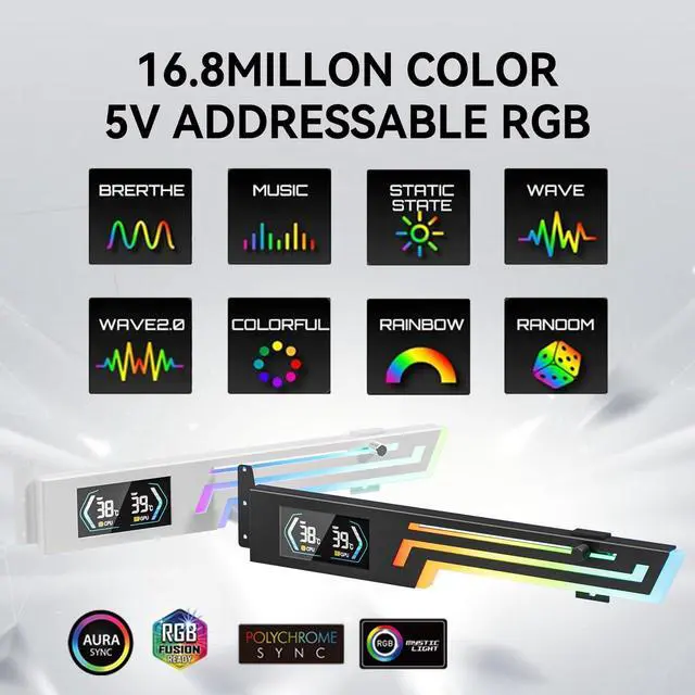 Alt view image 7 of 7 - ARGB GPU Support Bracket with CPU & GPU Temp Display, Universal Graphics Card Support, Multi Angle Adjustable GPU Sag Bracket for Video Cards, GPU Stand Built-in 5V3PIN Addressable RGB Strip