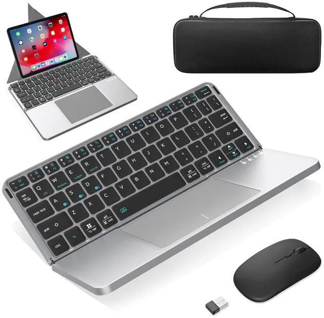 Main image of Foldable Keyboard and Mouse, Folding Wireless Bluetooth Keyboard and Mouse Combo Portable Travel Keyboard with Touchpad and Holster Stand for Business Travel Compatible Mac Laptop iPad Tablet