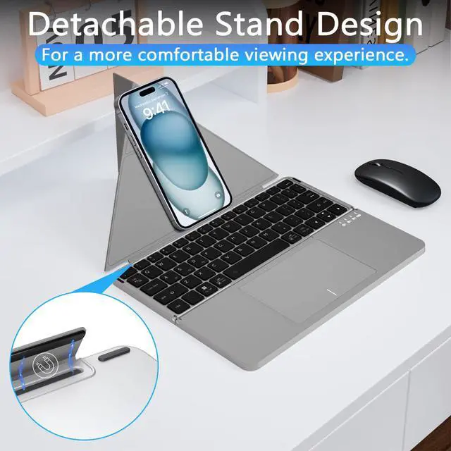 Alt view image 4 of 7 - Foldable Keyboard and Mouse, Folding Wireless Bluetooth Keyboard and Mouse Combo Portable Travel Keyboard with Touchpad and Holster Stand for Business Travel Compatible Mac Laptop iPad Tablet
