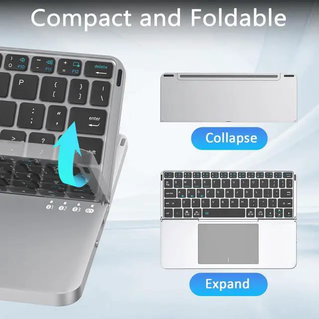 Alt view image 2 of 7 - Foldable Keyboard and Mouse, Folding Wireless Bluetooth Keyboard and Mouse Combo Portable Travel Keyboard with Touchpad and Holster Stand for Business Travel Compatible Mac Laptop iPad Tablet