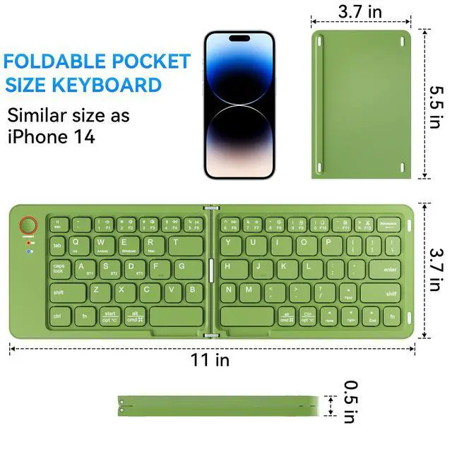 Alt view image 3 of 7 - Mini Foldable Bluetooth Keyboard - Portable Wireless Full Size Keyboard (Sync Up to 3 Devices), Ultra-Slim Aluminum Travel Folding Keyboards for iPhone iPad Mac Android Windows iOS (Green)