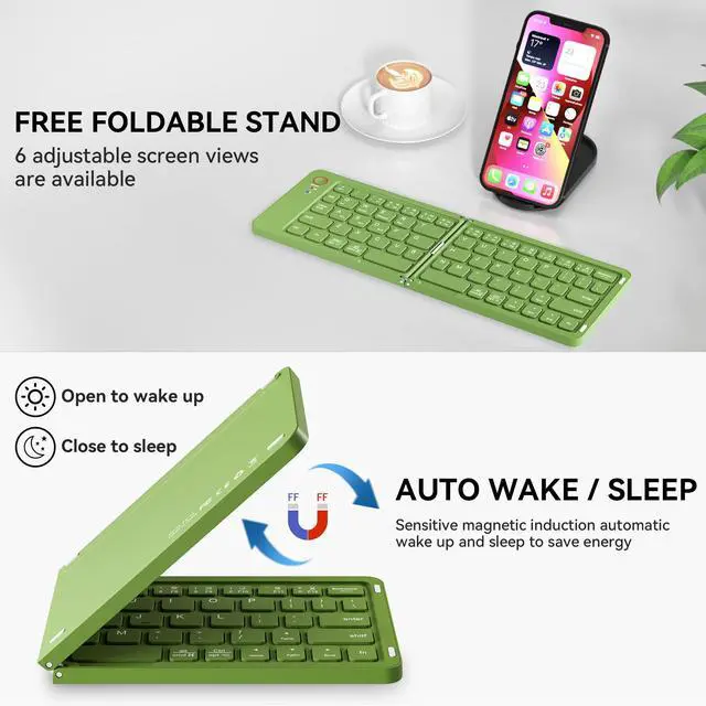 Alt view image 5 of 7 - Mini Foldable Bluetooth Keyboard - Portable Wireless Full Size Keyboard (Sync Up to 3 Devices), Ultra-Slim Aluminum Travel Folding Keyboards for iPhone iPad Mac Android Windows iOS (Green)