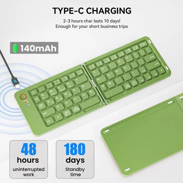 Alt view image 7 of 7 - Mini Foldable Bluetooth Keyboard - Portable Wireless Full Size Keyboard (Sync Up to 3 Devices), Ultra-Slim Aluminum Travel Folding Keyboards for iPhone iPad Mac Android Windows iOS (Green)