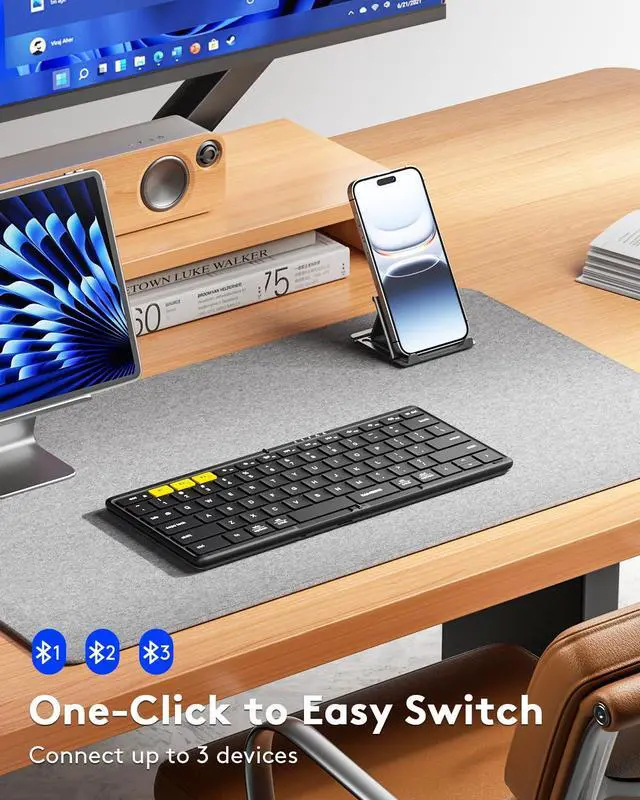 Alt view image 2 of 7 - Full-Size Foldable Bluetooth Keyboard, KF08S Wireless Folding Keyboards with PU Leather Cover, Portable Travel for iPhone iPad Smartphone Tablet Laptop, Android Windows Mac OS, Black