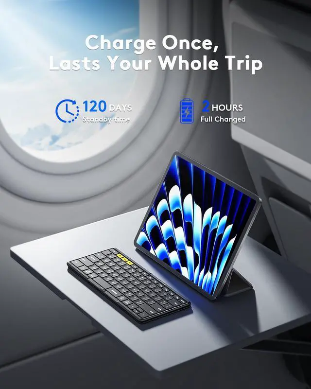 Alt view image 5 of 7 - Full-Size Foldable Bluetooth Keyboard, KF08S Wireless Folding Keyboards with PU Leather Cover, Portable Travel for iPhone iPad Smartphone Tablet Laptop, Android Windows Mac OS, Black
