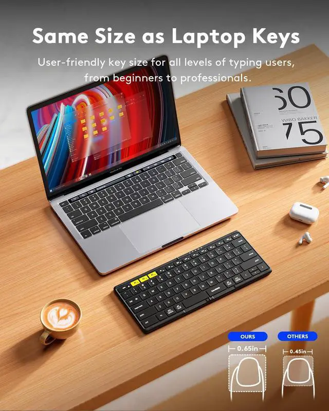 Alt view image 6 of 7 - Full-Size Foldable Bluetooth Keyboard, KF08S Wireless Folding Keyboards with PU Leather Cover, Portable Travel for iPhone iPad Smartphone Tablet Laptop, Android Windows Mac OS, Black