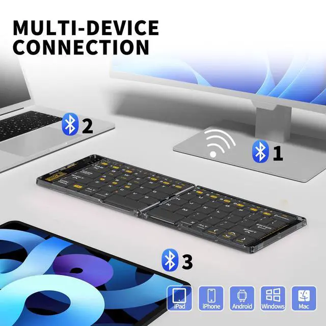 Alt view image 2 of 7 - Foldable & Folding Wireless Keyboard Set Combo for iPad, Transparent Bluetooth Typepad & Mouse, Compatible with iOS, Windows, Android, Smartphones, Laptops, etc.