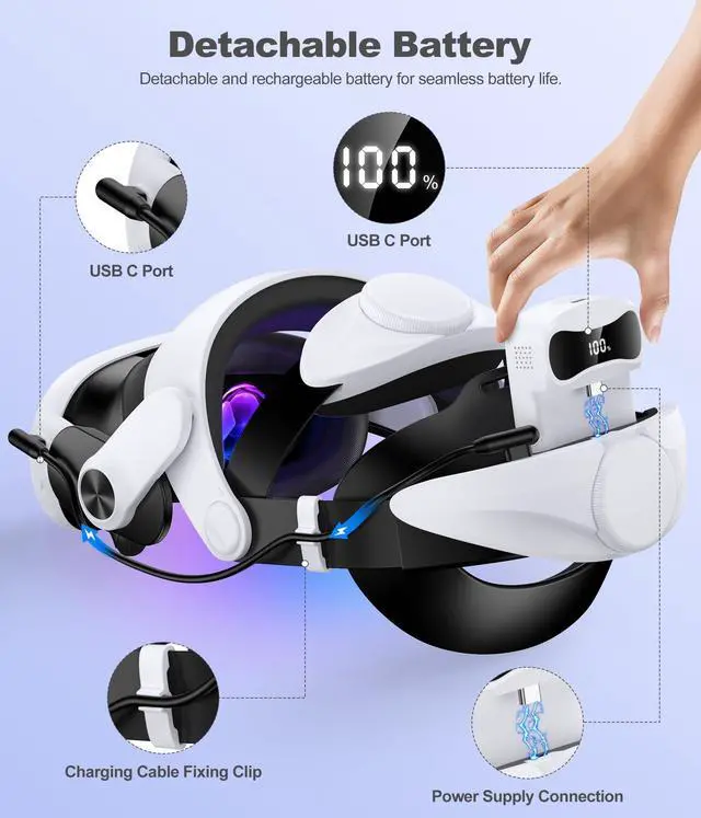Alt view image 7 of 7 - Batery Head Strap for Meta Quest 3S/3/2 Head Strap, 7500mAh Hot-Swappable Batery Extend 3-4H Playtime, Multi-Point Adjustable VR Headset Strap with Large Support Pad Enhanced Support&Comfort