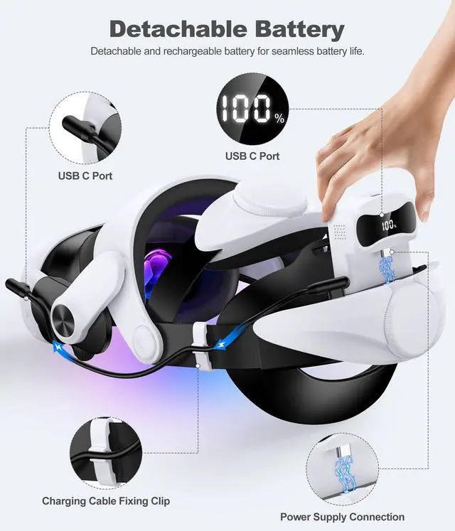 Alt view image 6 of 7 - Head Strap for Meta Quest 3/3S/2 with 7500mAh Hot-Swappable Battery - VR Headset Strap Enhanced Support and Comfort, Adjustable VR Headset Accessories for Oculus - MQ3000