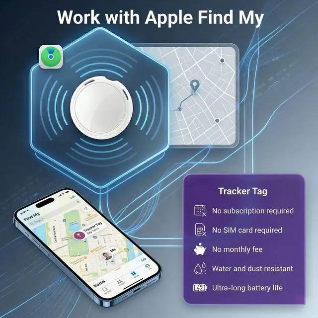 Alt view image 2 of 7 - 2 Pack GPS Tracker for Vehicles No Subscription Car Tracker Works with Apple Find My(iOS Only)Global Tracking Hidden Tracking Devices for Cars Bluetooth Finder with Loud Alarm for Car Bike Dog Luggage