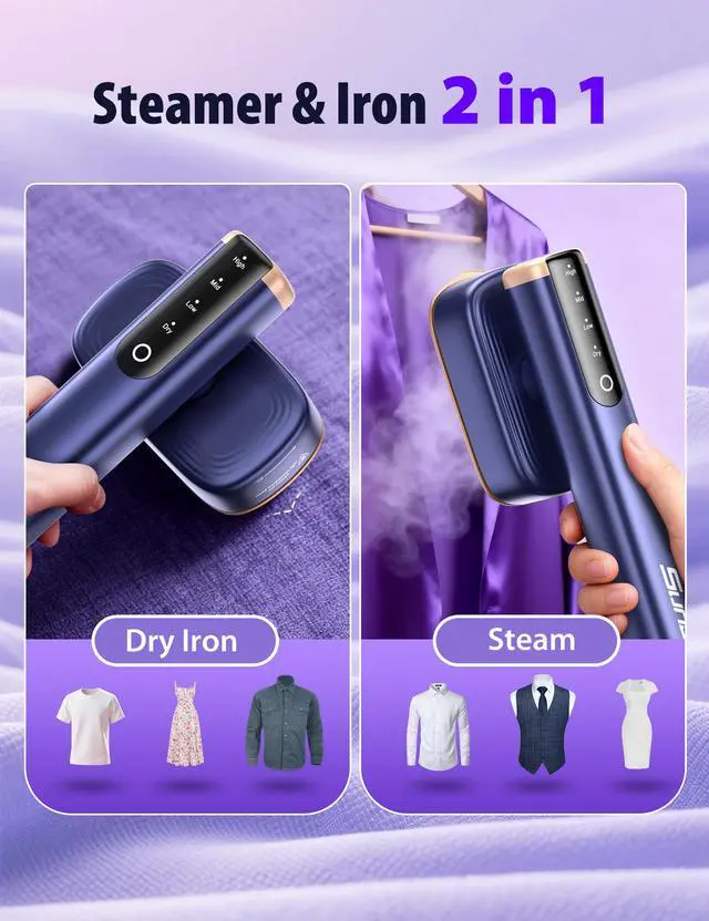 Alt view image 2 of 7 - Travel Steamer for Clothes with 180 ml Water Tanks,15s Fast Heat-up,24 g/min Strong Steam Performance, Portable Garment Steamer with Touch Control, LED Display, Steam Iron(Blue Gold)