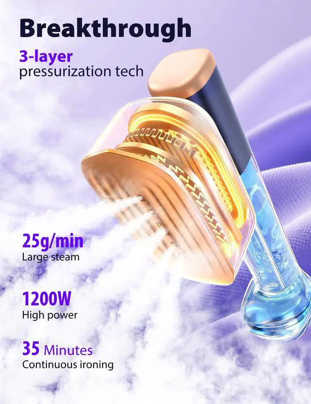 Alt view image 3 of 7 - Travel Steamer for Clothes with 180 ml Water Tanks,15s Fast Heat-up,24 g/min Strong Steam Performance, Portable Garment Steamer with Touch Control, LED Display, Steam Iron(Blue Gold)