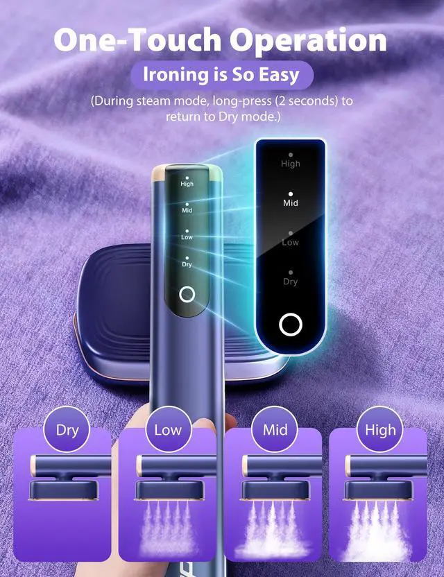 Alt view image 4 of 7 - Travel Steamer for Clothes with 180 ml Water Tanks,15s Fast Heat-up,24 g/min Strong Steam Performance, Portable Garment Steamer with Touch Control, LED Display, Steam Iron(Blue Gold)