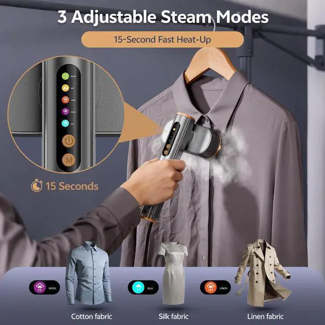 Alt view image 3 of 7 - Travel Steamer for Clothes, Dual Voltage 100-240V Portable Garment Steamer, 2-in-1 Steamer & Iron, 15s Fast Heat-Up Quick Wrinkle Removal, Compact Steamer for Travel & Home (Grey)
