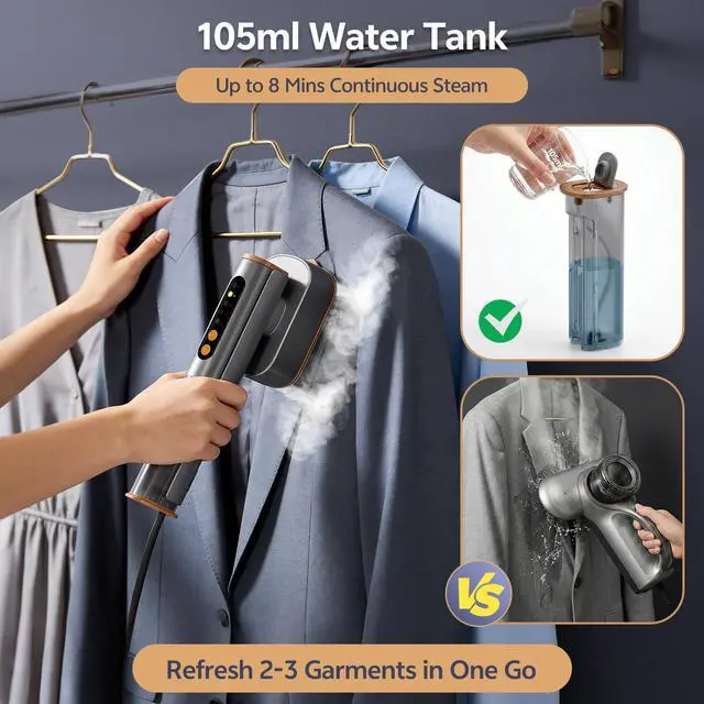 Alt view image 4 of 7 - Travel Steamer for Clothes, Dual Voltage 100-240V Portable Garment Steamer, 2-in-1 Steamer & Iron, 15s Fast Heat-Up Quick Wrinkle Removal, Compact Steamer for Travel & Home (Grey)