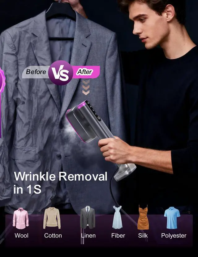 Alt view image 4 of 7 - Travel Steamer for Clothes,Portable Handheld Garment Steamer,15s Fast Heat-up,2 Water Tanks (180 ml and 100 ml),Steamer Ironing Gloves,45 Minutes of Continuous Ironing for Travel,Home(grey)