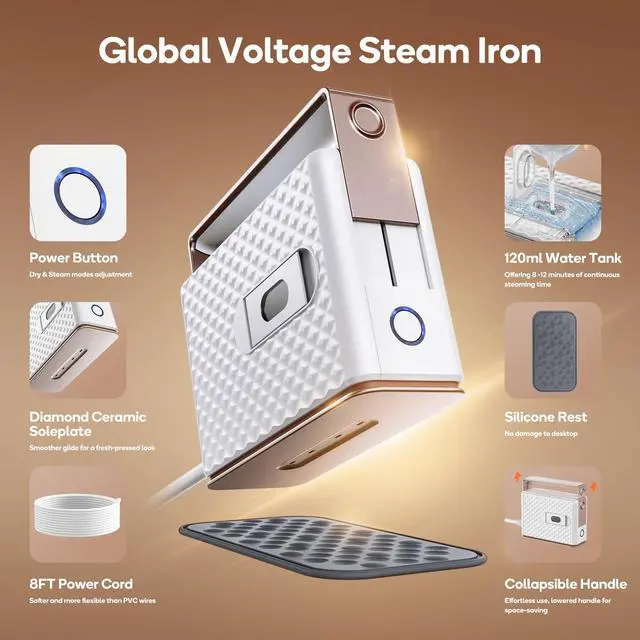 Alt view image 2 of 7 - Travel Steam Iron for Clothes, Global Voltage 100-240V Handheld Steamer, 293 Dry Ironing, Non-Stick Ceramic Soleplate, Horizontal & Vertical Steaming, Auto-off, Silicone Mat & Bag, 1.5 lbs