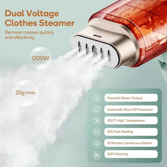 Alt view image 2 of 7 - Steamer for Clothes, Dual Voltage 100-240V, 1200W Travel Steamer with Horizontal & Vertical Steaming, 20s Heat-up, Foldable, 1.72lbs, 180ml Fabric Wrinkle Remover (Green)