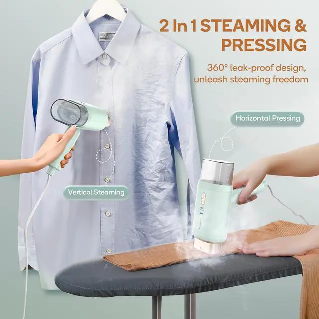 Alt view image 3 of 7 - Steamer for Clothes, Dual Voltage 100-240V, 1200W Travel Steamer with Horizontal & Vertical Steaming, 20s Heat-up, Foldable, 1.72lbs, 180ml Fabric Wrinkle Remover (Green)