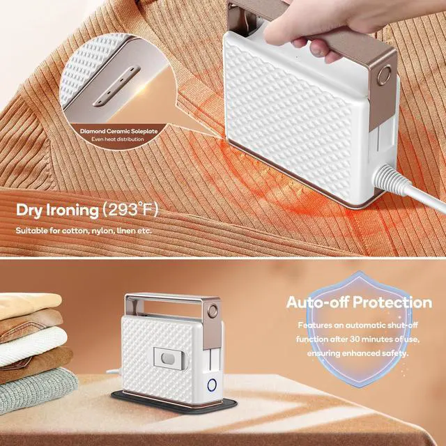Alt view image 6 of 7 - Travel Steam Iron for Clothes, Global Voltage 100-240V Handheld Steamer, 293 Dry Ironing, Non-Stick Ceramic Soleplate, Horizontal & Vertical Steaming, Auto-off, Silicone Mat & Bag, 1.5 lbs