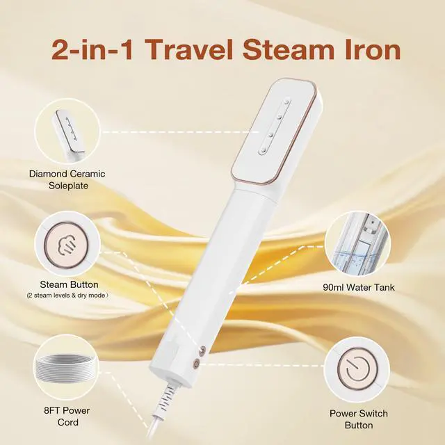 Alt view image 2 of 7 - 2in1 Travel Iron with Global Voltage (No Clamp), 100-240V Clothes Steamer, Dry Ironing & 2 Steam Levels, Non-Stick Ceramic Soleplate, Fabric Wrinkle Remover, Auto-off, Self Cleaning, Gold