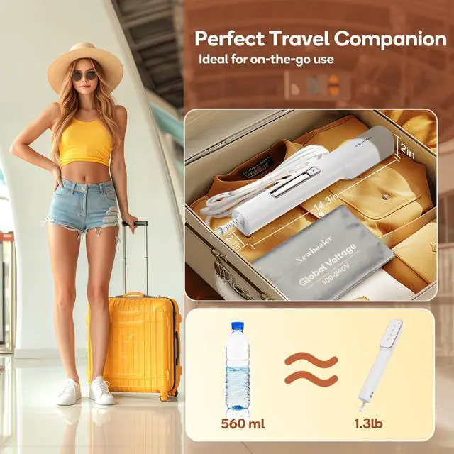 Alt view image 4 of 7 - 2in1 Travel Iron with Global Voltage (No Clamp), 100-240V Clothes Steamer, Dry Ironing & 2 Steam Levels, Non-Stick Ceramic Soleplate, Fabric Wrinkle Remover, Auto-off, Self Cleaning, Gold