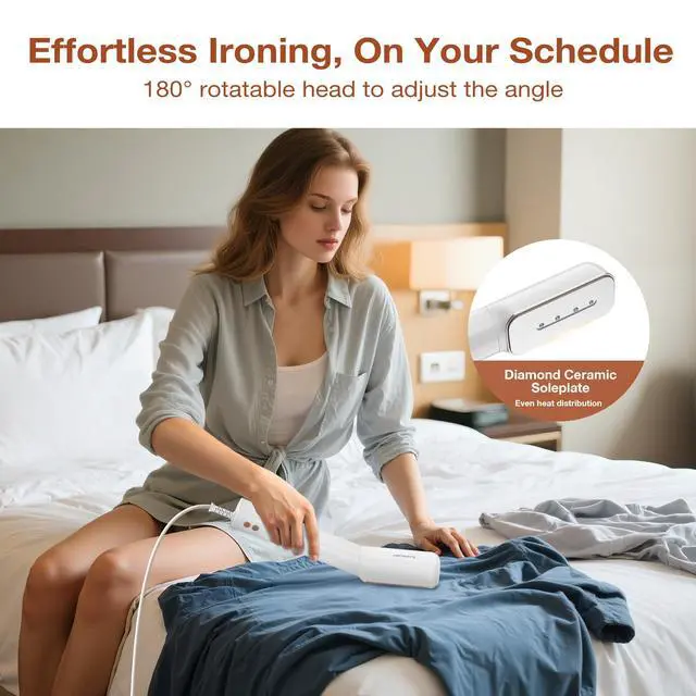 Alt view image 6 of 7 - 2in1 Travel Iron with Global Voltage (No Clamp), 100-240V Clothes Steamer, Dry Ironing & 2 Steam Levels, Non-Stick Ceramic Soleplate, Fabric Wrinkle Remover, Auto-off, Self Cleaning, Gold