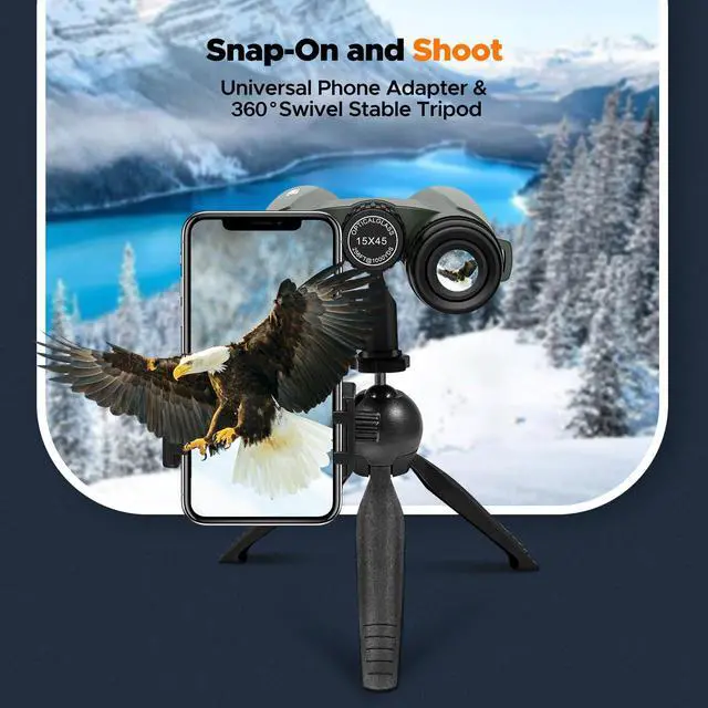 Alt view image 4 of 6 - 15x45 HD Binoculars for Adults High Powered with Phone Adapter, Tripod and Tripod Adapter - Large View Binoculars with Clear Low Light Vision for Bird Watching Cruise Travel