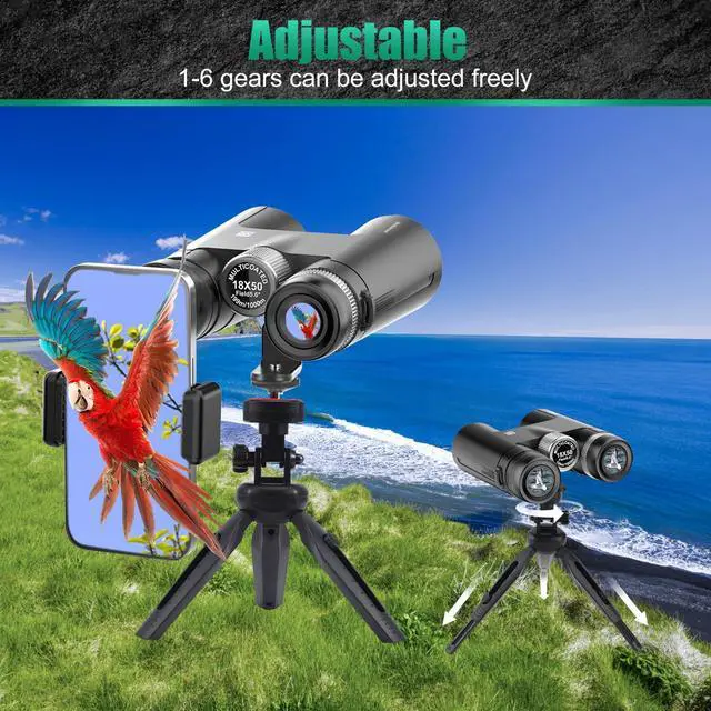 Alt view image 4 of 5 - 18X50 High Powered Binoculars for Adults with Upgraded Phone Adapter, Tripod and Tripod Adapter,Waterproof Compact Binoculars with Low Light Vision for Bird Watching,Travel,Sightseeing