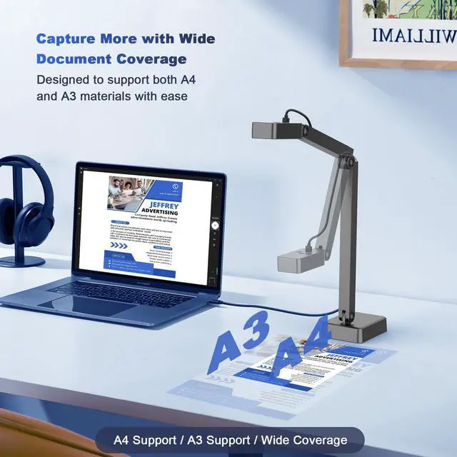 Alt view image 4 of 7 - 4K Document Camera for Teacher and Classroom, 8MP USB Webcam & Visualiser for A4 A3 Document, Doc Cam with Foldable Alloy Stand, Autofocus, LED Light & Mic, Work with Zoom, Mac, Windows, Chromebook